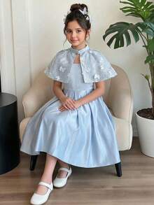 SHEIN Tween-Mädchen 2 Stücke Elegantes Kleiderset, Kleid mit Spaghettiträgern + Schal, geeignet für Mittelöstliche Feste, Partys, Alltagstragen, anmutiges & luxuriöses Prinzessinnenkleid - Blau - Übersicht 1
