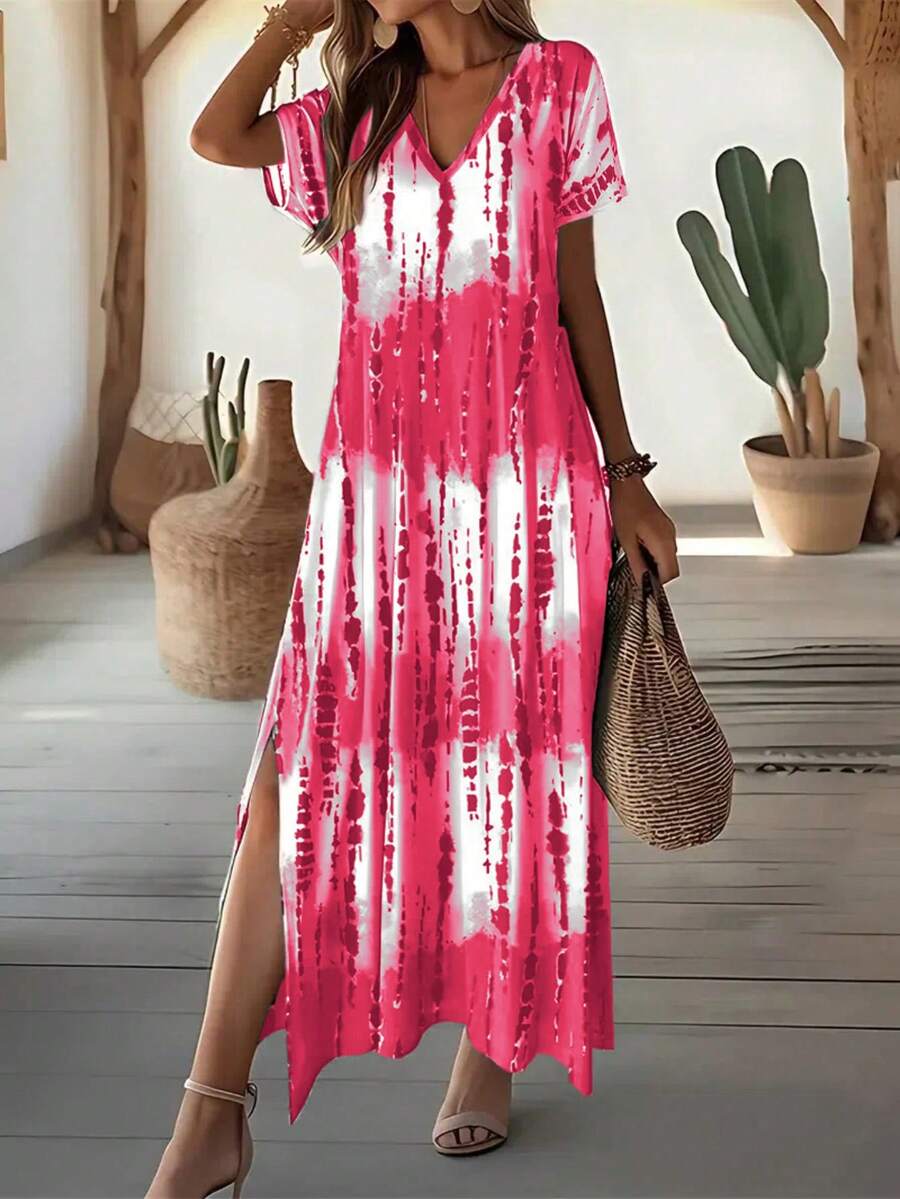 EMERY ROSE Gaun Kasual Musim Panas Terbaru untuk Wanita, Leher V, Lengan Pendek, Longgar, Motif Tie-Dye, Belahan Samping - Hot Pink - View 1