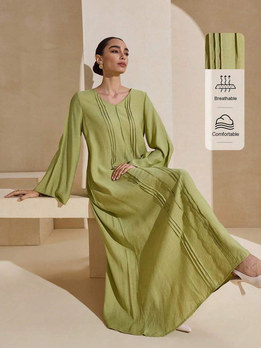 Graceveil V-Neck Straight Sleeve Striped Light Green Dress