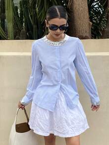 DAZY Women's Casual Sequin Patchwork Striped Round Neck Blouse, Spring/Summer - Blue - View 3