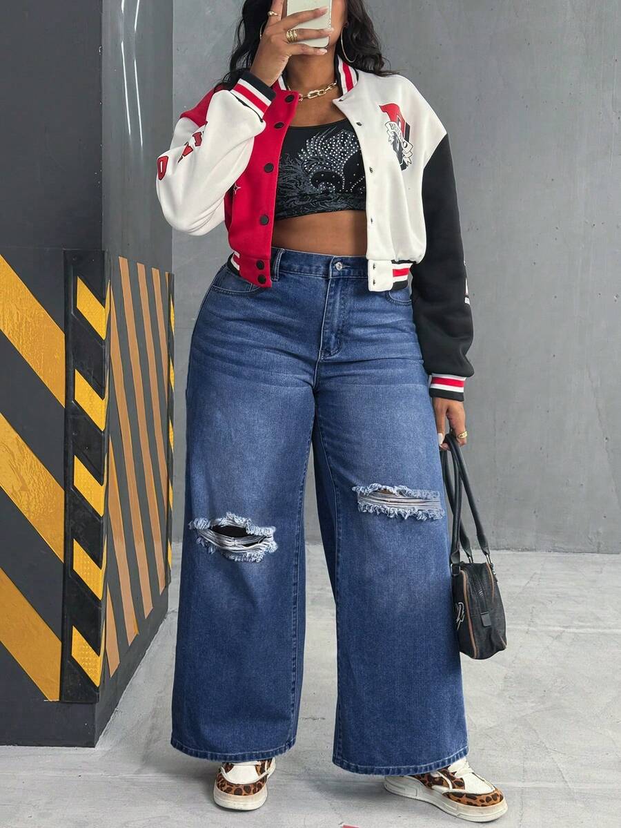 SHEIN CURVE+ Plus Size Women Loose Straight Leg Jeans, Distressed Washed Denim Cargo Pants - Dark Wash - View 1