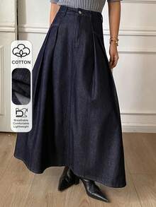 Livesso 复古水洗原色宽松商务休闲优雅高腰A字牛仔裙，适合春秋季穿着 - 深色水洗藍 - 查看 1