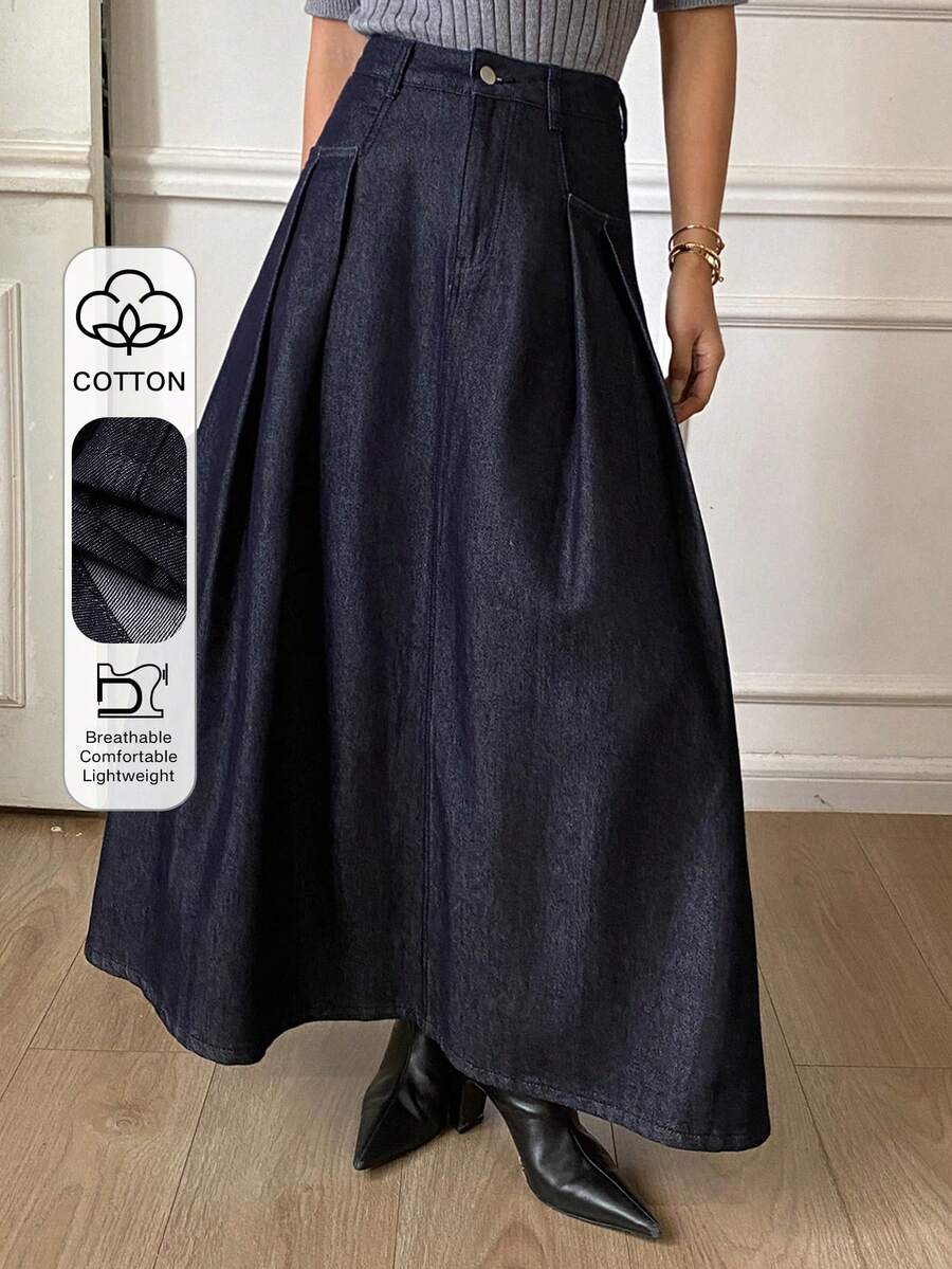 Livesso 复古水洗原色宽松商务休闲优雅高腰A字牛仔裙，适合春秋季穿着 - 深色水洗藍 - 查看 1