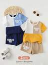 Cozy Pixies 2pcs Baby Boy Letter Print Knit Soft Color Block Round Neck Short Sleeve Top And Elastic Waist Shorts Set Baby Boy Summer Sets Baby Boys Sets Baby Clothes Colorblock Baby Casual Sets Mamas Boy Outfit
