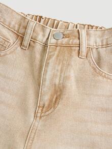 SHEIN Girlism Tween Girls' Casual Fashionable Street Style Everyday Commute Star Frayed Hem Loose Wide Leg Jeans - Khaki - View 3