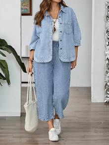 EMERY ROSE Áo khoác denim nữ cỡ lớn, kiểu dáng thường ngày, cài khuy đơn, có túi, tay lửng 3/4. - Rửa nhẹ - Xem 3