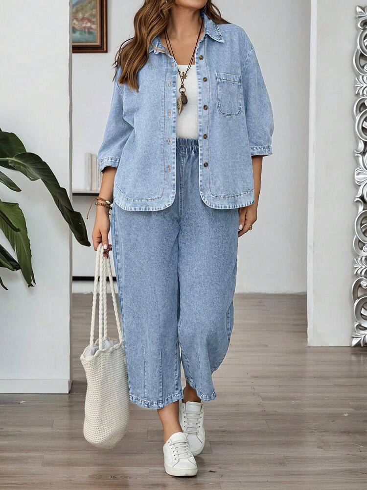 Mature Denim Plus Size Women's Casual Single-Breasted Denim Jacket With Pockets, 3/4 Sleeve - Light Wash - View 3
