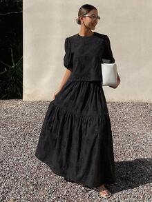 DAZY 2pcs Women Casual Lace Hollow Puff Sleeve Top And Skirt Set, Autumn/Winter