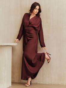 Anewsta French Elegant Pleated Waist Luxury Niche High-End Women's Dress, Suitable For Party, Sequin, Wedding, Spring, Summer, Elegant, Valentine's Day, Carnival - Burgundy - View 3