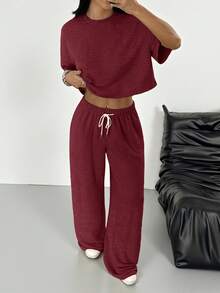 SHEIN EZwear 女士纯色圆领中袖上衣搭配抽绳腰带口袋阔腿裤休闲日常套装 - 酒紅色 - 查看 5