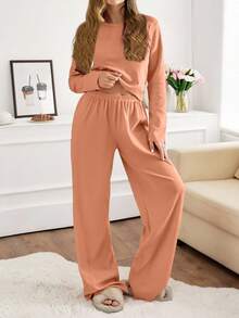 EURMUSE Women 2pcs Rib Knit With Round Neck Long Sleeve Top&Pants Homewear Comfort Lounge Set - Orange - View 1