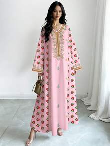 SHEIN Najma Women's Yellow Floral Faux Embroidery Print V-Neck Long Sleeve Elegant Arabic Maxi Dress, Spring/Autumn - Multicolor - View 4