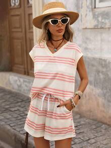 Brillora Women's Casual Daily Soft Cotton Blend Printed Striped 2 Pieces Set, Spring/Summer - Multicolor - View 5