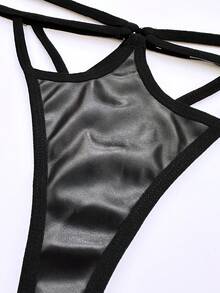 2pcs Women's Sexy Black PU Leather Wireless Bra And Thong Panty Set - Black - View 4