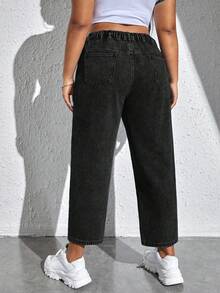 Jeanoix Plus Size Solid Color Distressed Slant Pocket Casual Versatile Jeans - Black - View 2