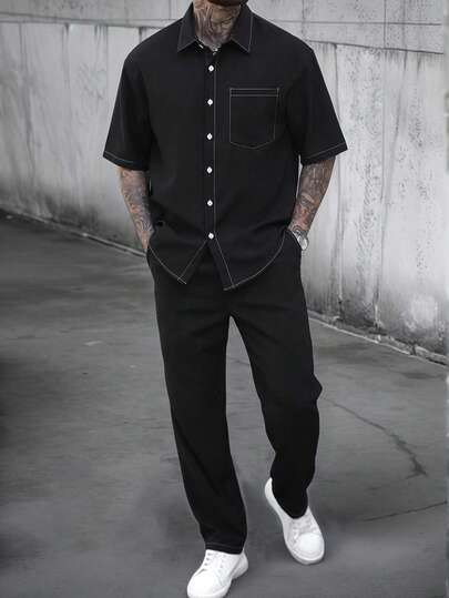 SLATEMANN 2 piezas Conjunto elegante negro de alta calidad y talla grande vendido para hombres, con tela arrugada cómoda, costuras de contraste, camisa de manga corta con un bolsillo y pantalones con cintura elástica y cordón, adecuado para uso casual, oficina, citas, fiestas, formal o informal, versátil y apropiado para uso personal o como regalo