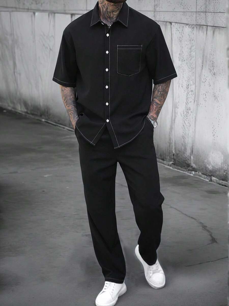 Manfinity Homme 两件套男士高品质畅销优雅黑色套装,采用舒适的褶皱面料,撞色缝线,单口袋短袖衬衫和松紧腰抽绳长裤,适合休闲、办公、约会、派对、正式或非正式场合,用途广泛,自用或送礼皆宜。 - 黑色 - 查看 1