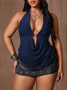 Rustia Plus Size Women's Sexy Backless Spaghetti Strap Camisole - Navy Blue - View 7