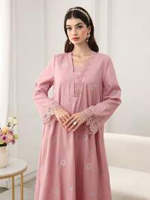 Yasmyna Embroidered Loose Elegant Flared Hem Long Sleeve Dress For Women - Pink - View 8