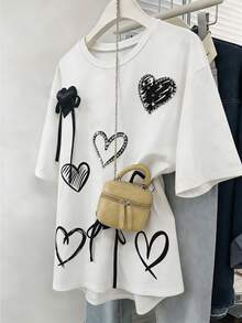 Lyxana Women's Casual Heart Print Rhinestone Bow Decor Short Sleeve T-Shirt, Summer - White - View 1