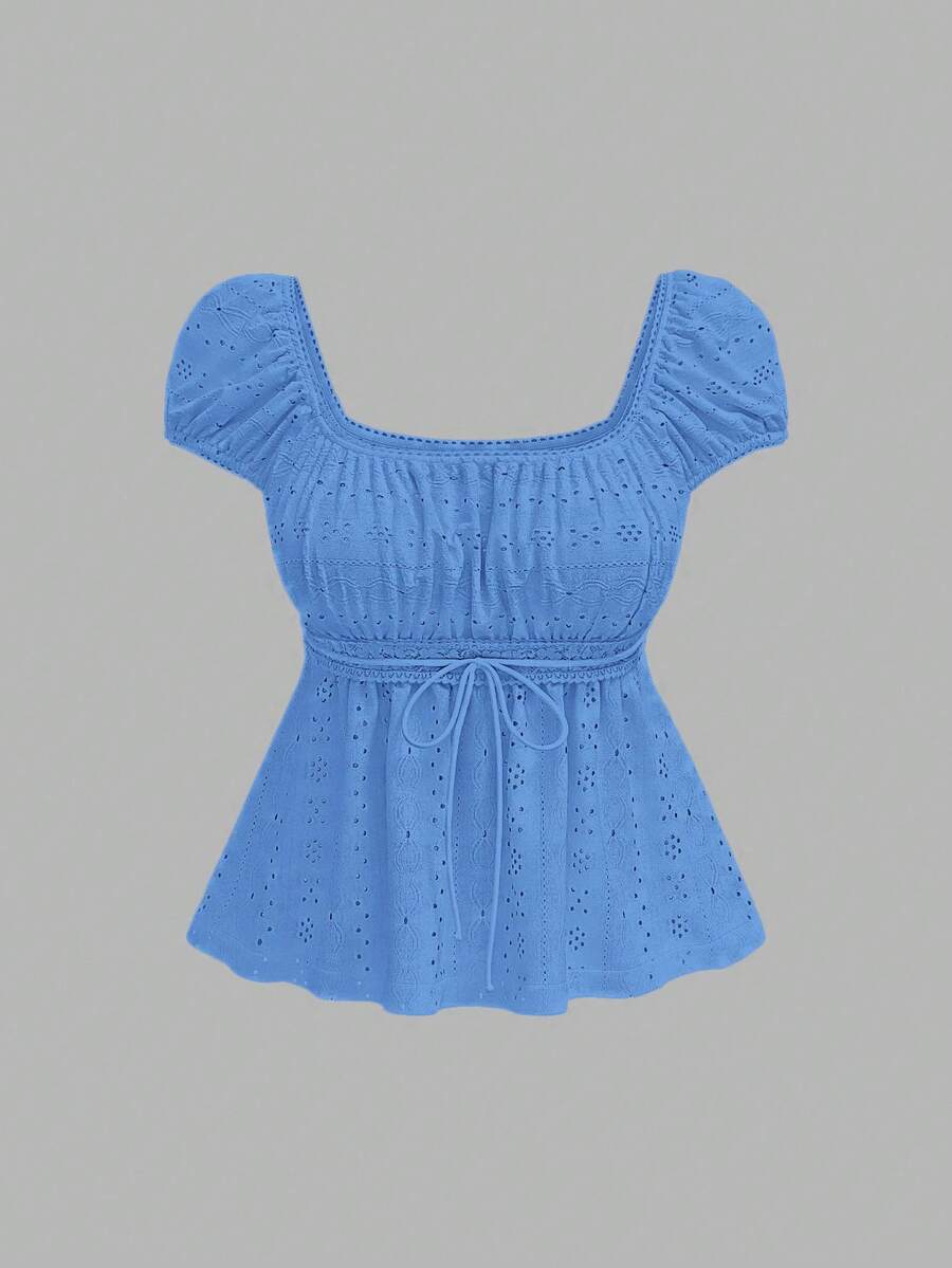 SHEIN MOD 女士夏季波西米亚度假风纯色方领系带娃娃衫 - 藍色 - 查看 1