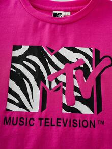 MTV | SHEIN Young Girl Summer Casual Fashion Street Zebra Striped Letter Graphic Drop Shoulder Oversize Tee & Biker Shorts Set - Pink - View 4