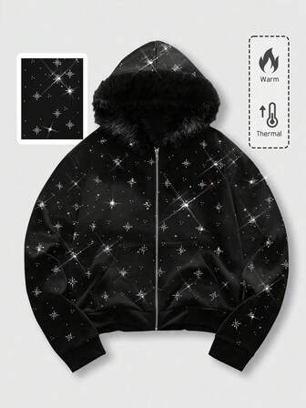 sweat-shirt zippé à capuche orné de strass unisexe pour couple