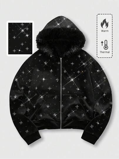 Unisex Couple Rhinestone Embellished Zip-Up Hoodie Sweatshirt