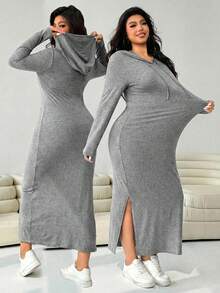 Solflare Vestido casual con capucha y cordón para mujer talla grande, color gris claro, para otoño - Gris Claro - Ver 1