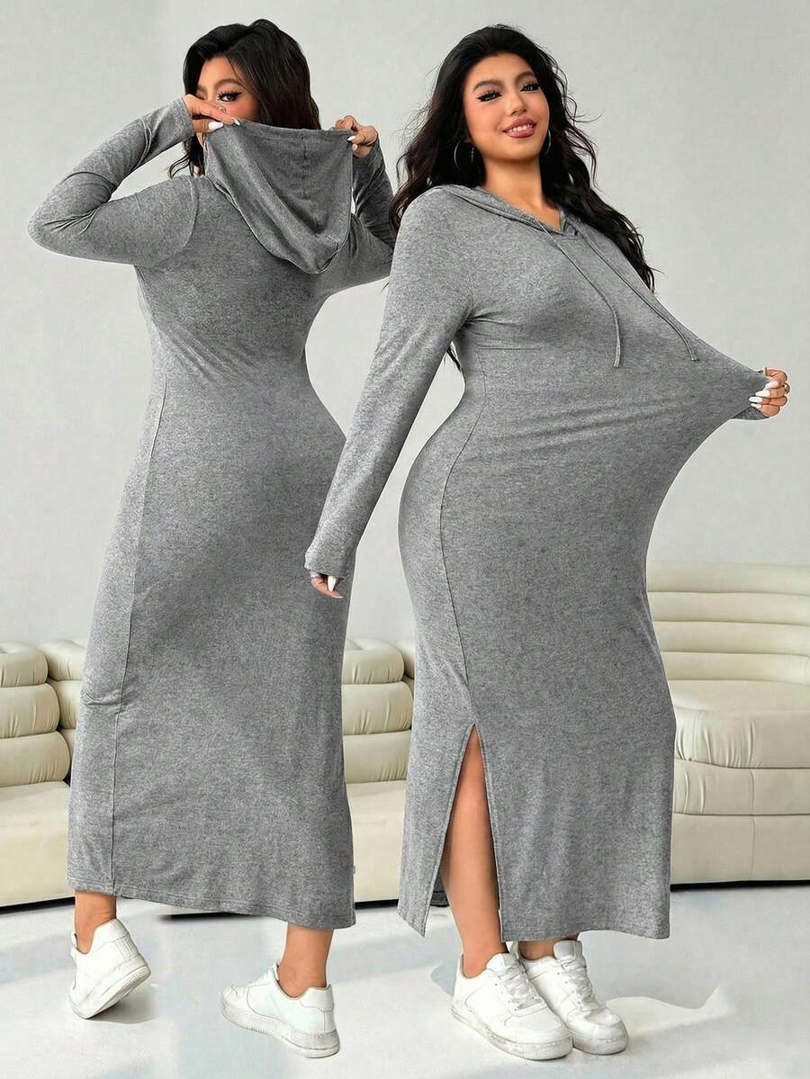Solflare Vestido casual con capucha y cordón para mujer talla grande, color gris claro, para otoño - Gris Claro - Ver 1