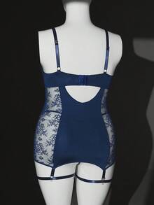 Plus Size Sexy Lace Trim Milk Silk Nightgown + G-String + Garter 4-Piece Set - Navy Blue - View 9