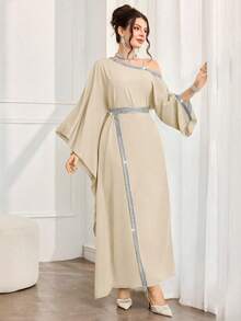 Al Najma Women's Elegant Arabic Style Asymmetric Collar Split Long Sleeve Dress With Woven Trim - Apricot - View 5