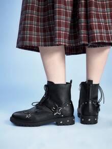 Sugerpunk 2025 新款春秋深色 PU 皮靴女，英伦风格厚底系带铆钉扣带平底踝靴 - 黑色 - 查看 5