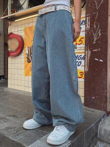 DAZY High Waist Slimming Vertical Striped Wide Leg Casual Versatile Women Jeans - Blue - View 9