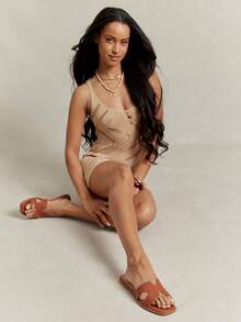 SHUZIA 畅销款女士奢华灵感镂空露趾经典PU金色压纹拖鞋