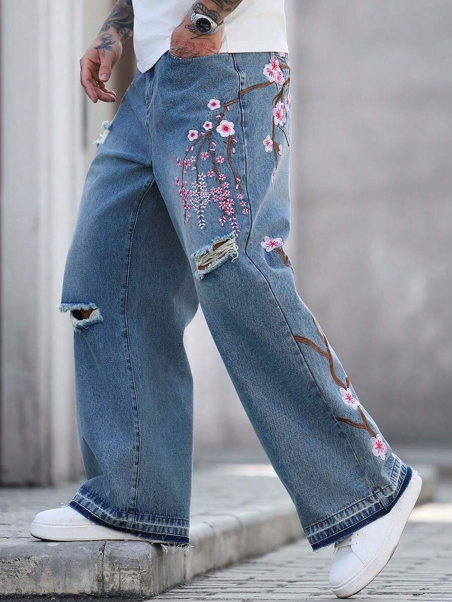 Manfinity LEGND 男女皆宜的做旧刺绣宽松水洗休闲牛仔裤，美式街头风 - 淺色水洗藍 - 查看 1