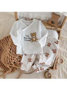 Loomiva Off-White Autumn Cute Family Matching Newborn Baby Boy Girl Cute Bear Pattern Knitted Round Neck Long Sleeve Pullover & Elastic Pants 2pcs Set Outfit - White - View 5