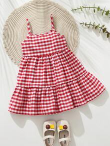 Cozy Pixies Vestido de Suspensório com Laço Xadrez Vermelho Clássico para Bebê Menina, Vestidos Versáteis e Confortáveis para Bebê Menina no Verão, Vestido de Laço de Cereja para Bebê Menina, Vestido Fofo para Bebê Menina, Vestido Xadrez de Algodão para Bebê Menina, Vestido de Verão para Bebê Menina - Vermelho - Visão 2