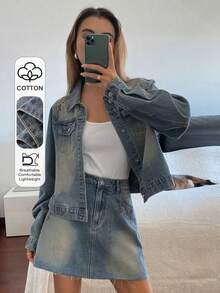 DAZY 西部牛仔复古做旧宽松领刺绣长袖直筒迷你裙休闲街头秋冬女装牛仔套装 Y2k - 藍色 - 查看 1
