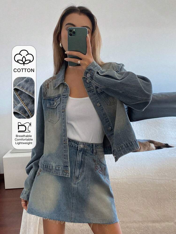 Western Cowgirl Vintage Distressed Loose Collar Embroidered Long Sleeve Straight Hem Mini Skirt Casual Street Autumn/Winter Women Denim Set Y2k