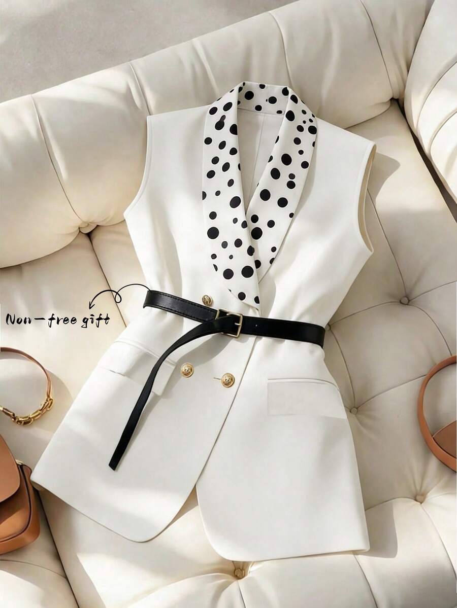 GlowEve 女士夏季通勤休闲波点拼接披肩领双排扣背心