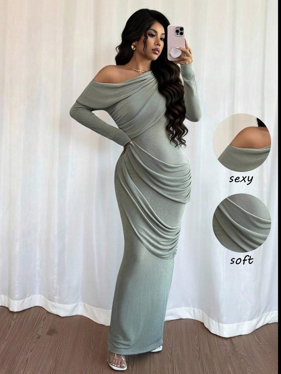 SHEIN Raffinéa 女士优雅浪漫绿色不对称肩部褶皱装饰腰部修身长袖连衣裙，秋冬款 - 薄荷綠 - 查看 1