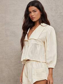 WESTFADE 100% Embroidered Striped Cotton Cape Collar Puff Sleeve Tiered Ruffle Babydoll Top - Apricot - View 6