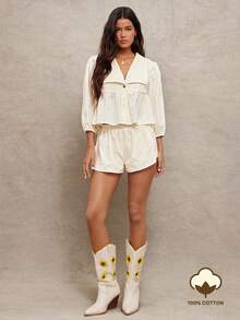 WESTFADE 中腰宽松版型 100% 刺绣条纹棉质短裤 - 杏色 - 查看 1