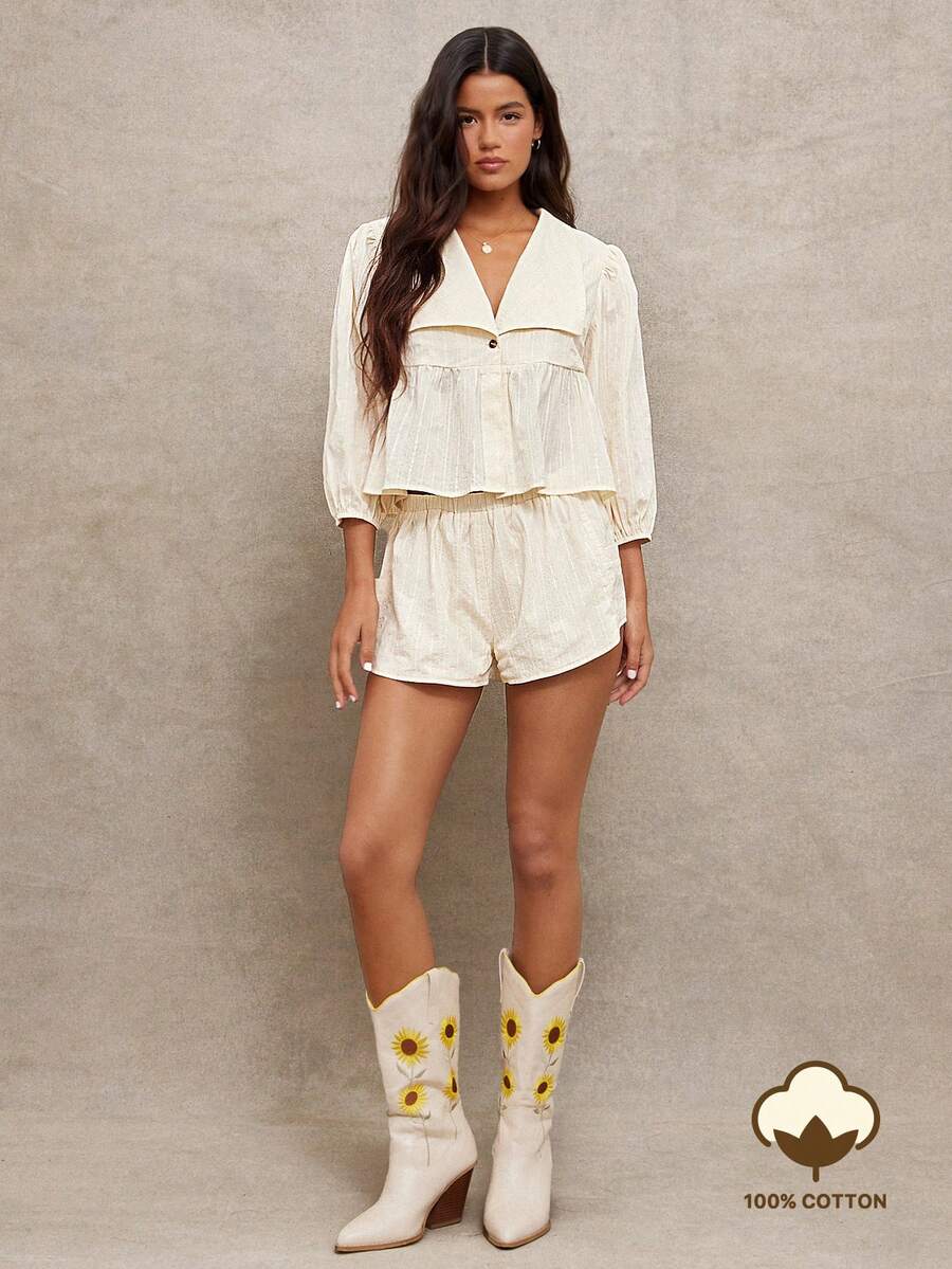 WESTFADE 中腰宽松版型 100% 刺绣条纹棉质短裤 - 杏色 - 查看 1