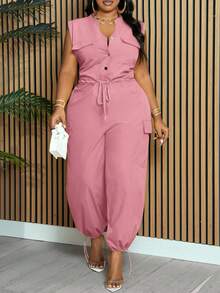 Slaydiva 大码女式优雅通勤休闲纯色黄色无袖立领开襟抽绳腰带交叉口袋及踝可调节下摆连体裤，春夏居家办公穿搭，女士工作服，曲线身材女式连体裤工作服 - 粉色 - 查看 5