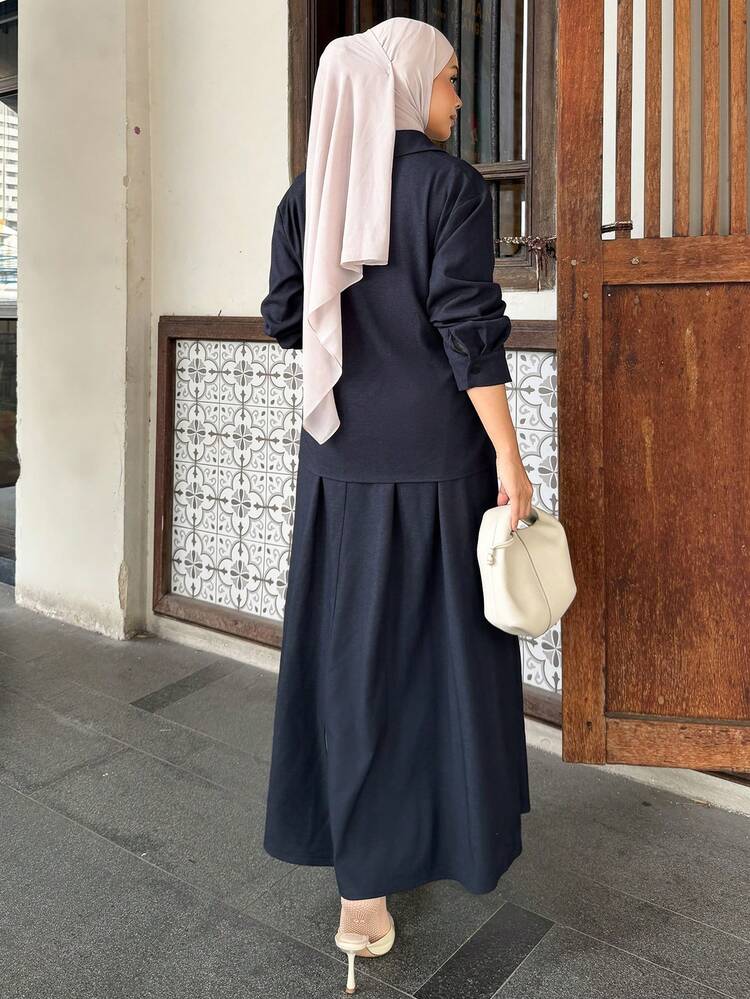 2pcs Women Casual Collared Tie-Waist Top And Long Skirt Set