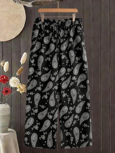 EMERY ROSE Plus Size Paisley Print Drawstring Waist Casual Pants
