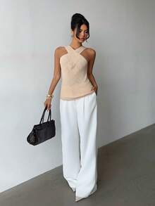 Selianne Elegant Casual Loose Comfortable Apricot Criss-Cross Diamond Pattern Knit Pullover Sweater, Spring/Summer - Apricot - View 4