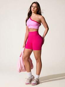 SHEIN Sovereign Charm Shorts deportivos y de yoga sin costuras y acanalados para mujer - Rosa Fucsia - Ver 6